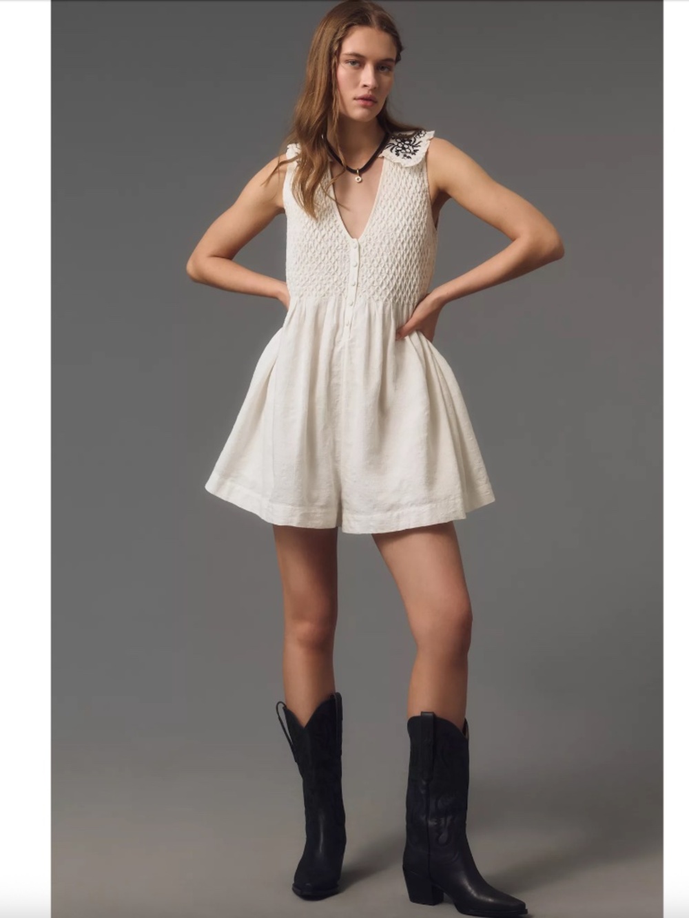 $158 NWT By Anthropologie A-Line Collar Romper Medium Embroidered 100% Cotton